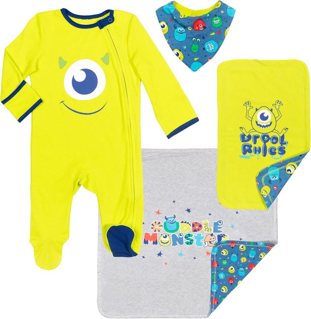 Disney Pixar Monsters Inc. Mike Baby 4 Piece Coverall Bib Burp Cloth Blanket Set