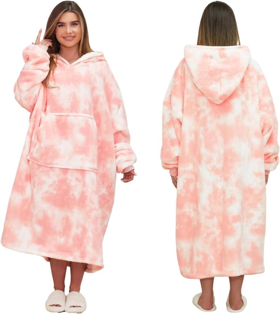 Dreamscene Extra-Long Tie Dye Oversized Hoodie Blanket Sweatshirt Soft Sherpa Fleece Throw Cosy Wearable Hooded Blanket Big Jumper – Soft Blush Pink, One Size Fits All – Adults Kids Men Women