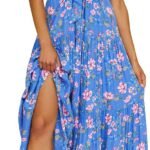 Dresses for Women UK Sale Ladies 2023 Summer Boho Dress Knot Front Deep V Neck Short Sleeve Floral Tiered Casual Party Beach Maxi Dresses Wedding Guest Dresses Bridesmaid Dresses Party Elegant