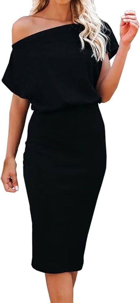 Dressmine Women’s Knitted Bodycon Dress Off Shoulder Slim Short Sleeve Party Club Midi Wrap Dresses 2024