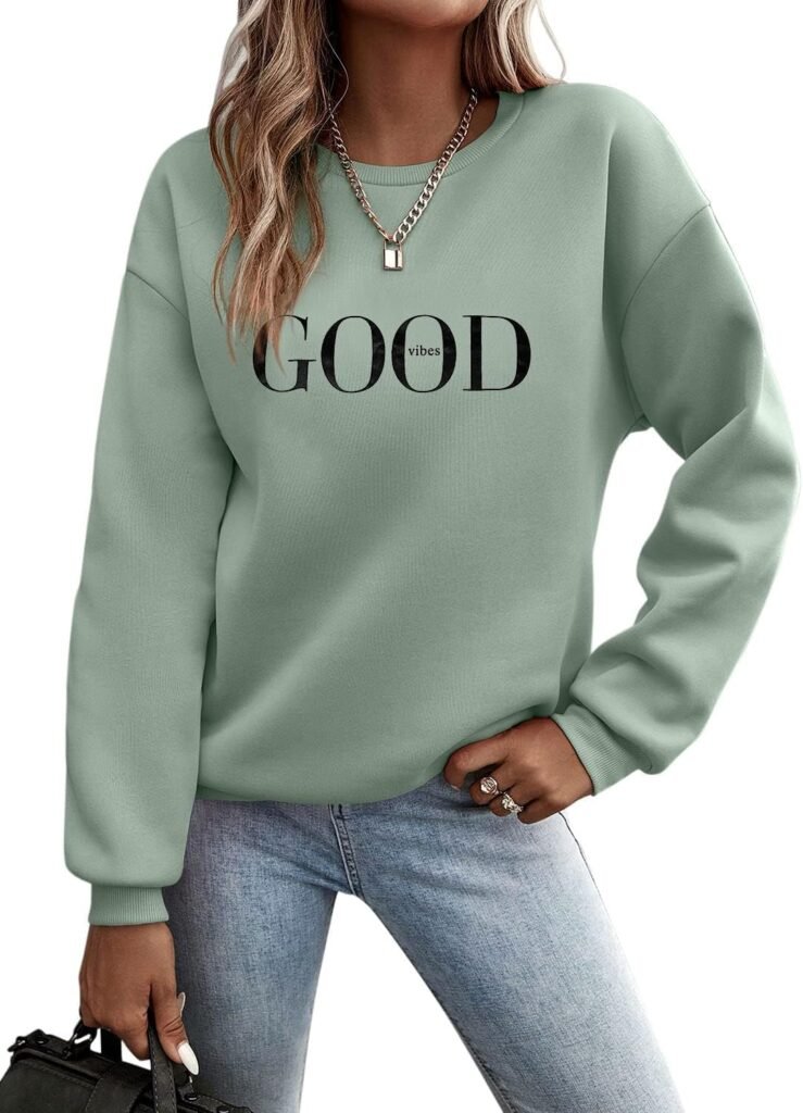 ELFIN Womens Crew Neck Long Sleeve Sweatshirt Printed Good Vibes Graphic Casual Pullover Tops ELFIN Womens Crew Neck Long Sleeve Sweatshirt Printed Good Vibes Graphic Casual Pullover Tops