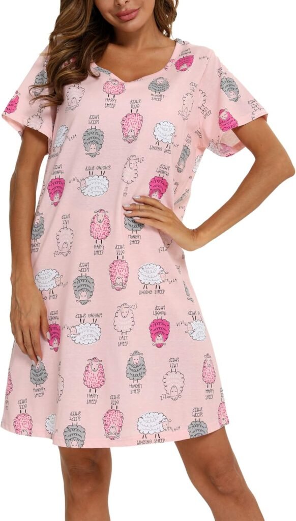 ENJOYNIGHT Nighties for Women Cotton Nightdress Sleep Tee Short Sleeves Print Nightshirt Soft Sleepwear Loungewear