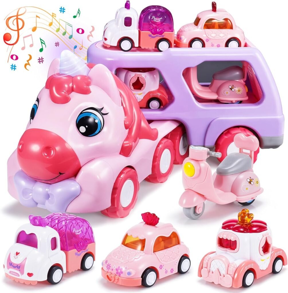 EUTOYZ Toys for 1 2 3 Year Old Girl, Unicorn Toys Girl Car Toddler Girl Toys Age 1-3 Construction Toys for 1-3 Year Old Girls Gifts for 1-4 Year Old Girls Toy Cars Kid Toys Birthday Toddler Toys Gifts