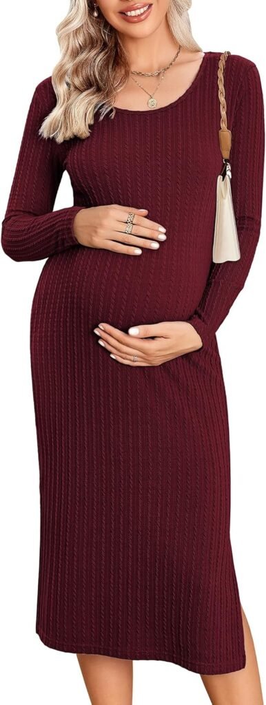 Ekouaer Maternity Dress Rib Knit Long Sleeve Side Slit Bodycon Dresses Pregnancy Baby Clothes, S-XXL
