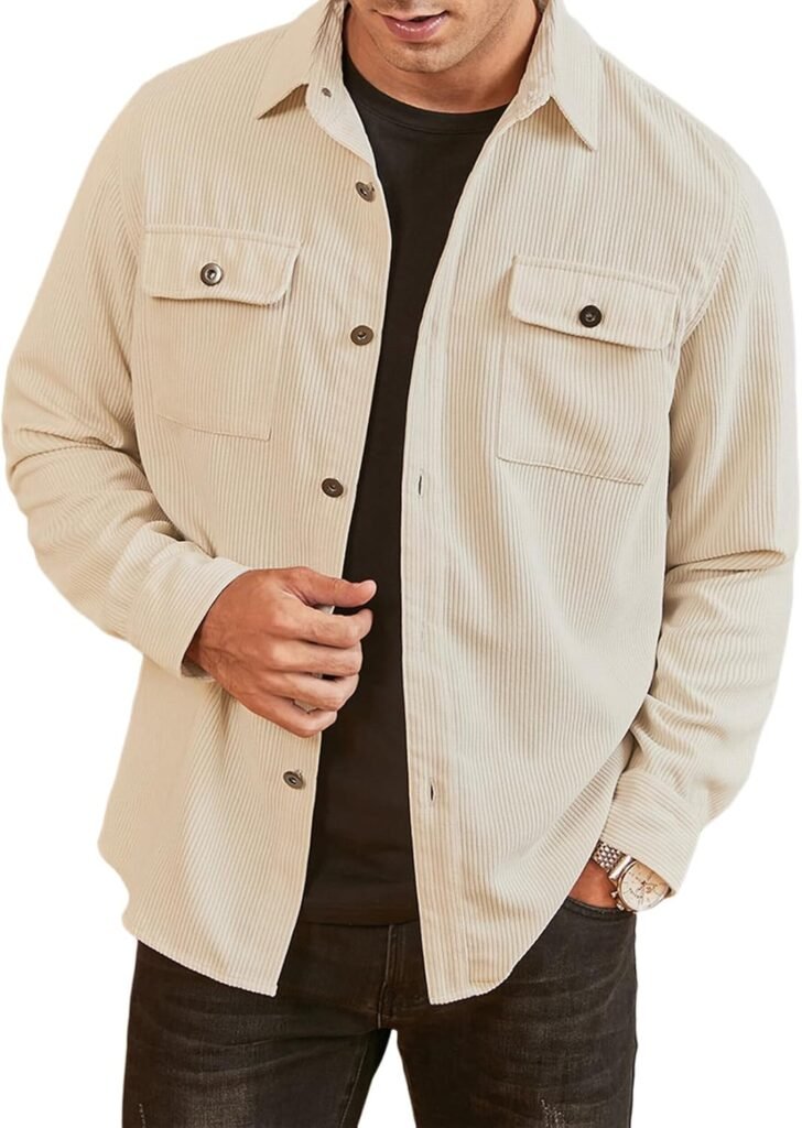 Elegancity Men’s Corduroy Shirts Casual Long Sleeve Button Down Trucker Jacket Autumn Winter Coats with Pockets S-XXL