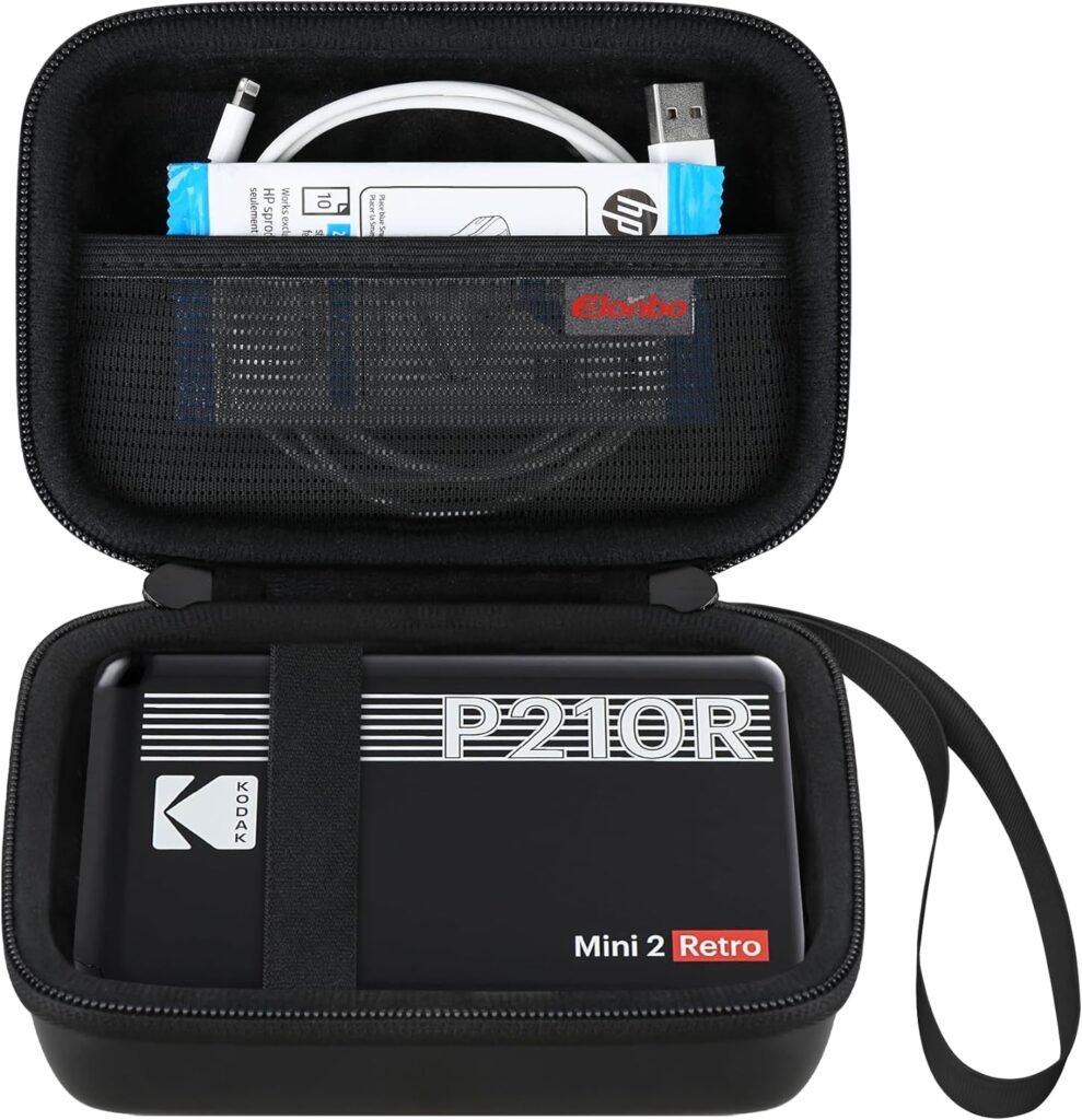 Elonbo Carrying Case for Kodak Mini 2 Retro 4PASS Portable Photo Printer, Digital Instant Print Camera Travel Bag Storage Holder, Mesh Pocket Fits Printing Paper, Cable, Black