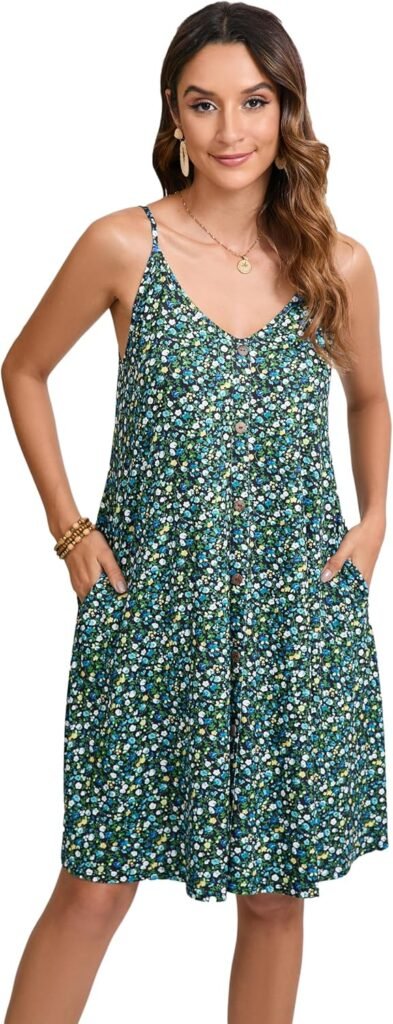 Enmain Womens Summer Dress Spaghetti Strap Dresses Casual Knee Length Swing Floral V Neck Sleeveless Dress with Pockets for Beach Hawaii S-2XL