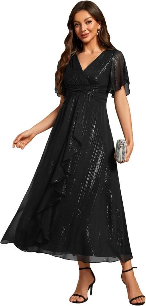 Ever-Pretty Women Dress Ruched V Neck Lotus Leaf Bridesmaid Wedding Guest Dresses 02131