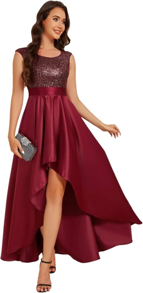 Ever-Pretty Women Maxi Prom Dresses Round Neck and A Line Empire Waist Satin Skirt with Sequin High-Low Dress 3667