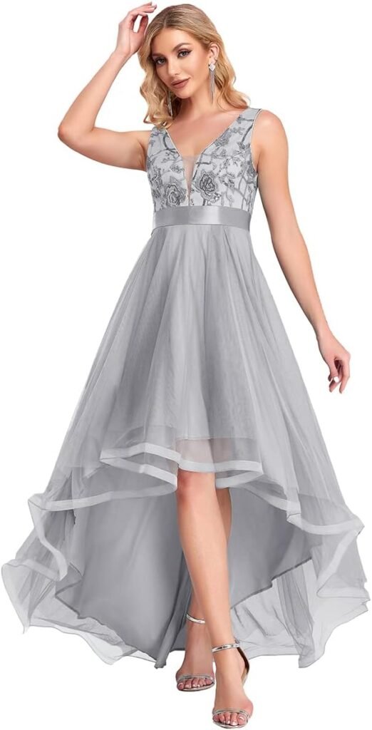 Ever-Pretty Women’s Deep V Neck High-Low Tulle Ball Gowns with Sequin Appliques Evening Prom Dresses 00793