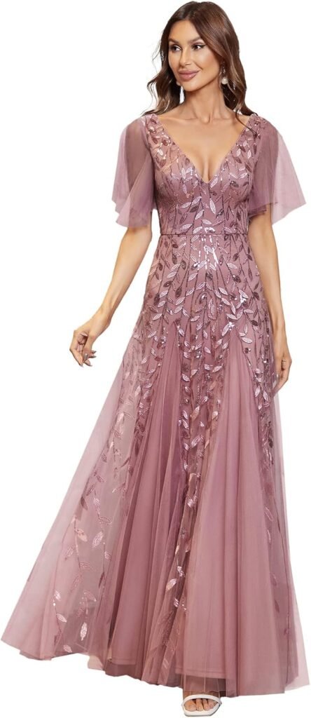 Ever-Pretty Women’s V Neck Short Sleeve Elegant Floor Length A Line Long Tulle Evening Dresses 00734