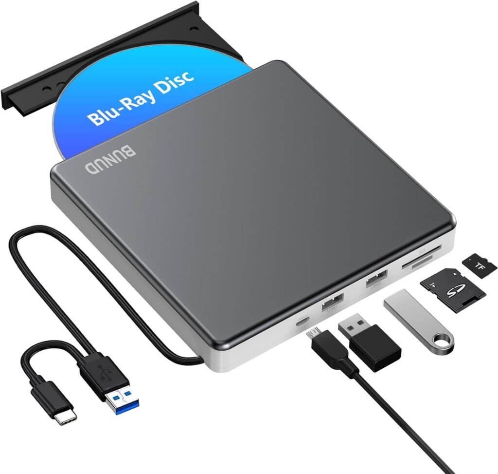 External Blu Ray DVD Drive, USB 3.0 & Type-C Blu-Ray Burner Writer with SD/TF & USB Ports, Slim Optical 3D BD Bluray Drive for Laptop Mac MacBook Pro Air iMac PC Apple Windows 11/10