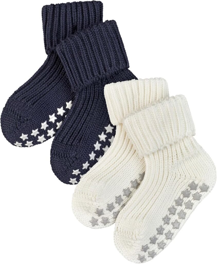 FALKE Unisex Baby Catspads 2-Pack Slipper Socks Cotton Navy Blue White Thick Warm Plain With Printed Silicone Nubs On Soles For An Improved Grip Multipack 2 Pairs