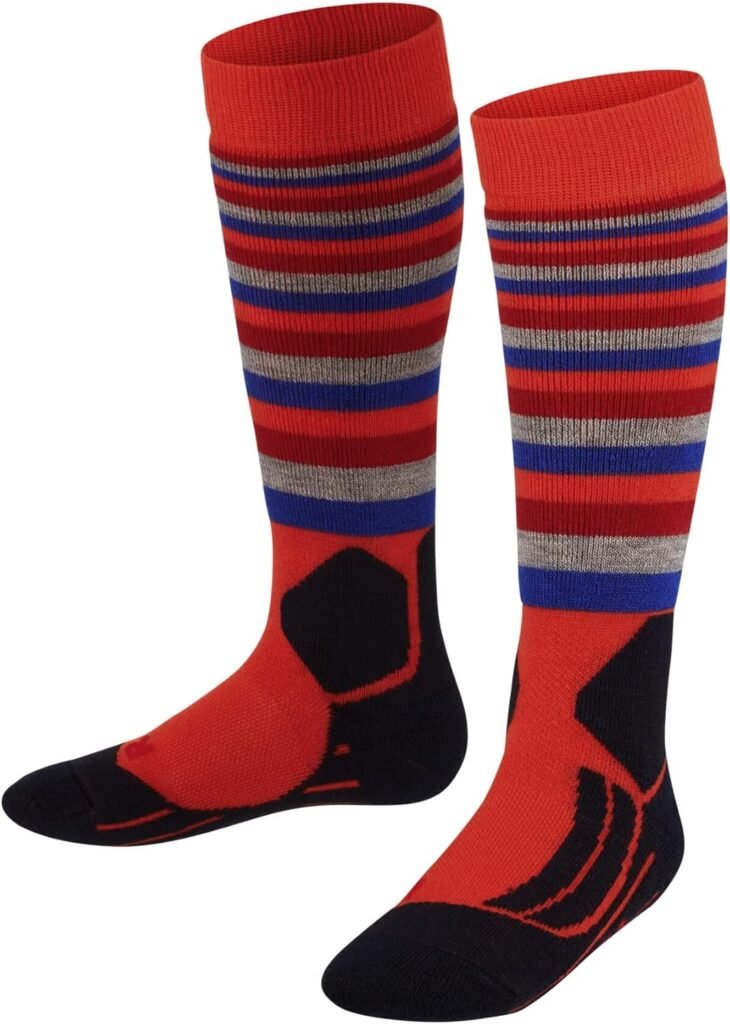 FALKE Unisex Kids SK2 Stripes Ski Socks Medium Cushioning Shin Padding Anti Blister Warm Breathable Quick-Drying Climate-Regulating Odour-Neutralising Wool Functional Yarn 1 Pair