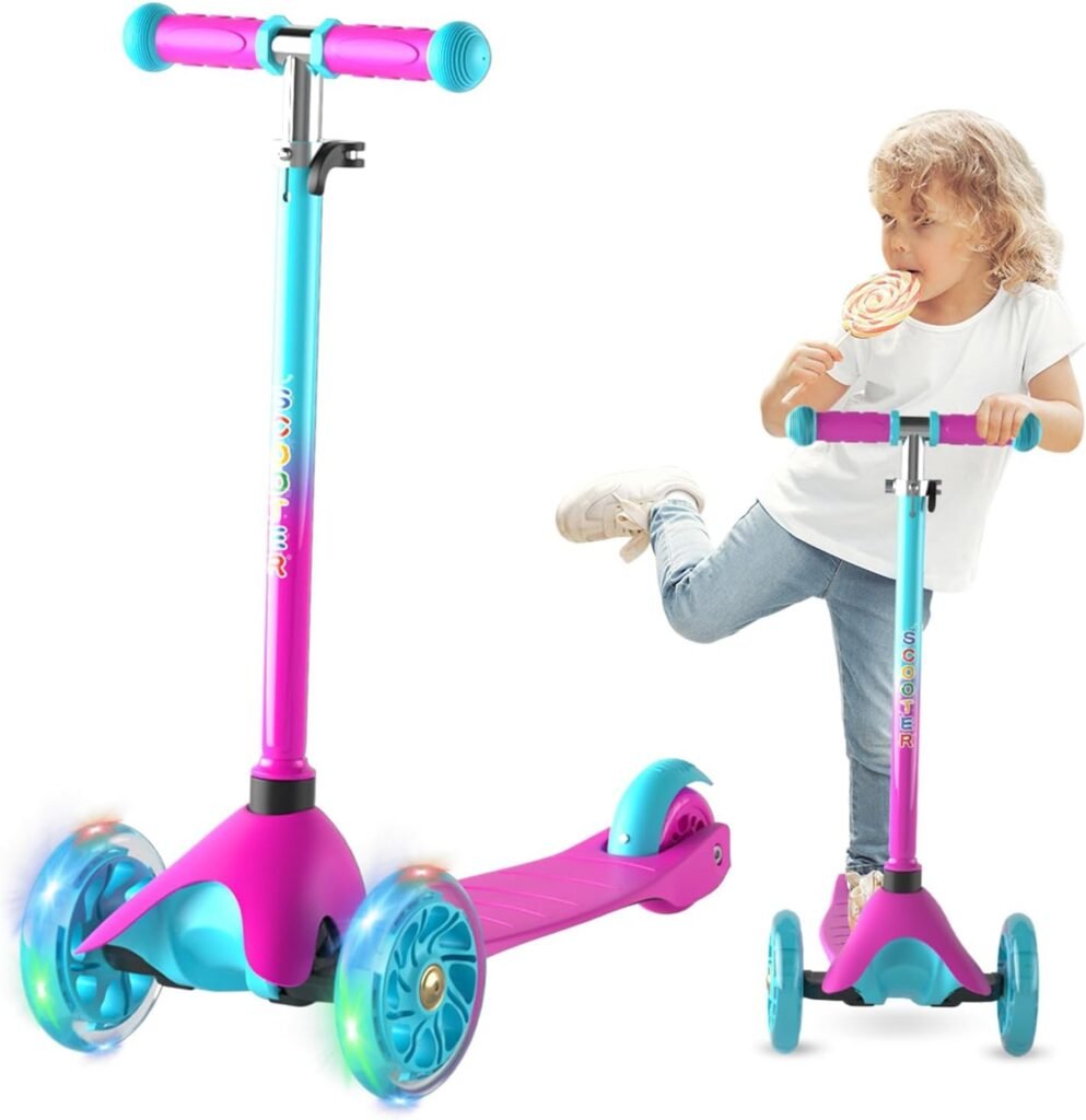 FAYDUDU 3 Wheel Scooter Kids Scooter Age 2-5 Kick Scooter for Toddlers Girls Boys, Light up Wheels, Adjustable Height, Lean to Steer, Non-Slip Deck, Lightweight Push Scooter for Children