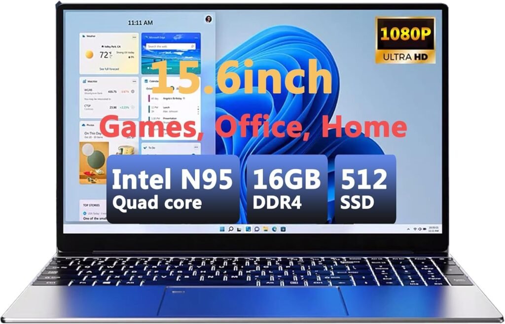 FIEQUIP laptop 15.6 inch n95 Quad-core processor 16gb ram 512gb ssd up to 3.4 GHz windows 11 for Office small and medium-sized gaming student study watching TV home multimedia live broadcast