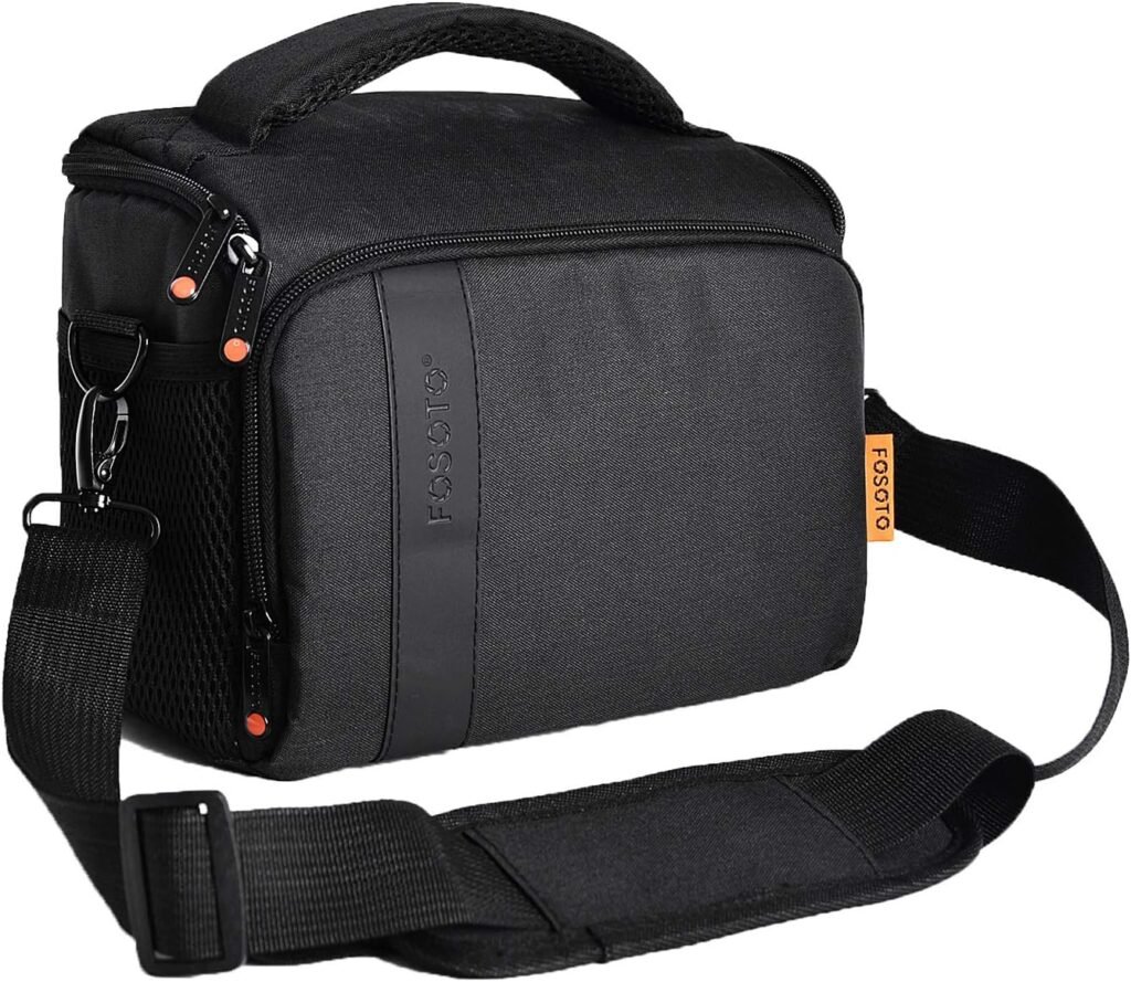 FOSOTO Waterproof Anti-Shock Camera Shoulder Bag Case Compatible for Canon EOS 4000D 2000D 77D 60D 80D 6D MarkII M50 M6, Nikon D3500 D3200 D5600 D7500, Sony Olympus with Raincover (Black)