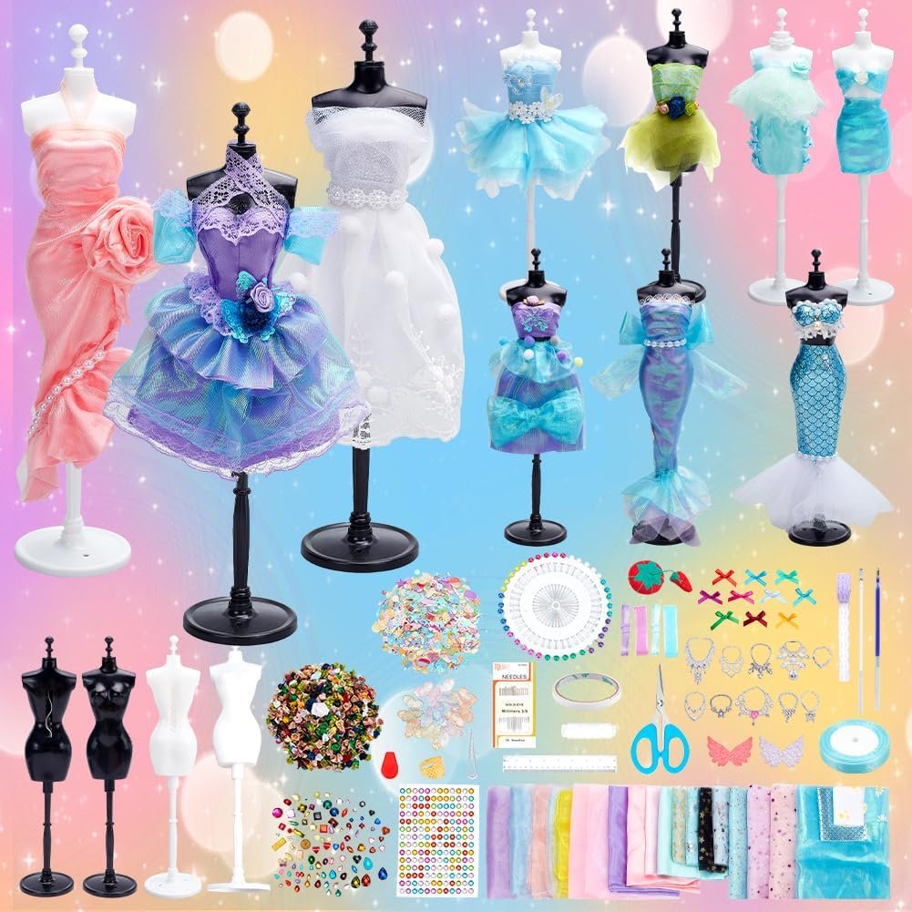FREEBLOSS 600+Pcs Fashion Design Kit for Girls, Sewing Kit with 4 Mannequins, DIY Art & Craft Activity Dress Designer Kit for All Ages Adults Gift