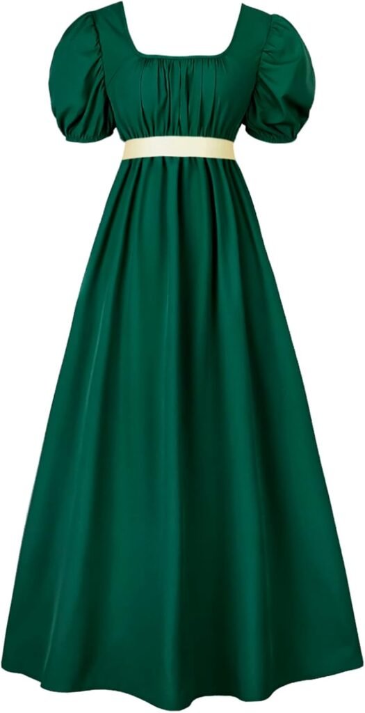 FRIUSATE Green Regency Dress, Renaissance Dress, Regency Dresses for Women Costume with Sash Empire Waist Ruffled Puff Sleeve Long Dress for Parties, Weddings and Gala