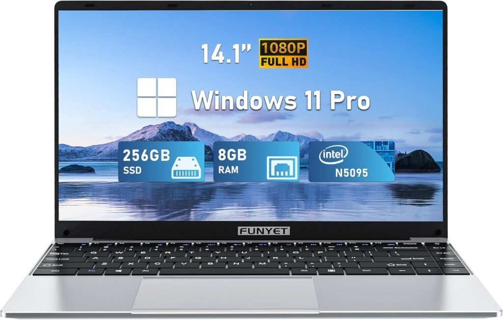 FUNYET 14 Inch Laptop Computer, Notebook, 8GB RAM 256GB SSD, Intel Celeron N5095 Processors, FHD 1920 x 1080, Supports 180 Angle Opening, Windows 11 Pro