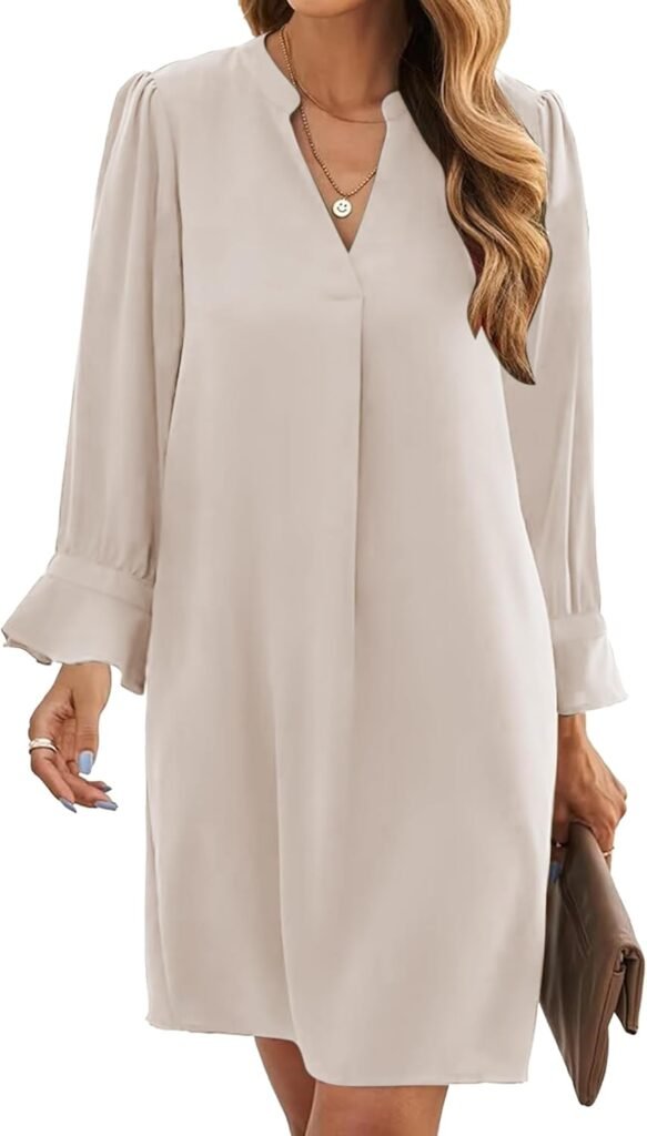 Famulily Ladies Fall Casual Mini Dresses Ruffled Long Sleeve V Neck Shift Dress Loose Work Dresses S-XXL