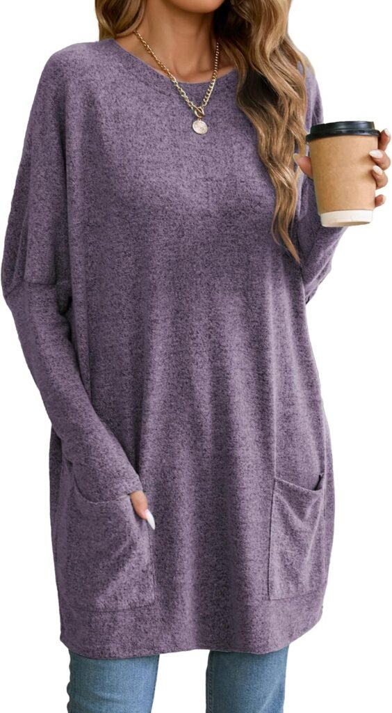 Famulily Long Tunics for Women Casual Solid Color Oversized Long Tshirt Crew Neck Sweatshirt with Pockets