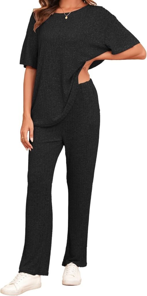 Famulily Ribbed Clothes Sets for Women Oversized Short Sleeve Tops and Wide Leg Trousers with Pockets, 2 Piece Outfits Tracksuits Loungewear Sleepwear Famulily Ribbed Clothes Sets for Women Oversized Short Sleeve Tops and Wide Leg Trousers with Pockets, 2 Piece Outfits Tracksuits Loungewear Sleepwear