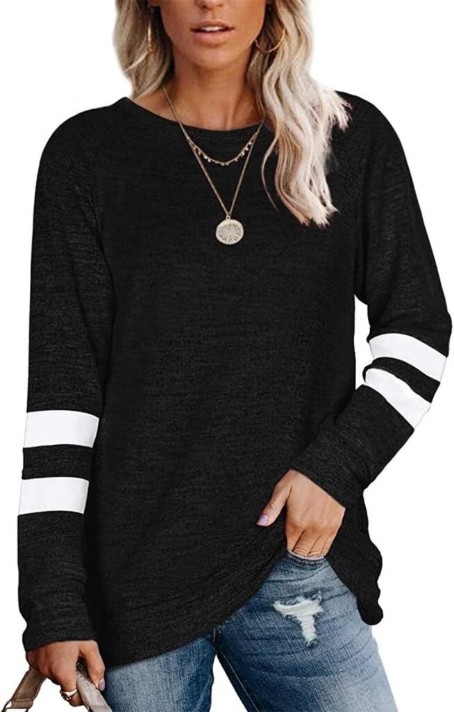 Famulily Women Comfy Striped Colour Block Soft Long Sleeve Tunics Tops Casual Sweatshirts S-XXL