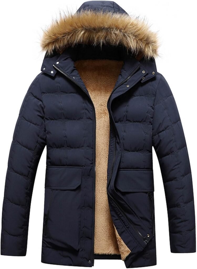 Faux Fur Fleece Lined Wool for Man Long Sleeve Thermal Fuzzy Hooded Puffer Jackets Hoods Outfit Mens 2024