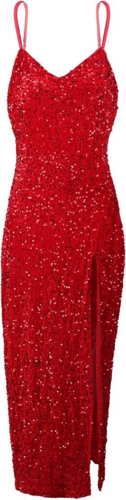 Faxianther Sexy V Neck High Split Maxi Dress Women Sparkly Sequin Evening Dinner Prom Gown Floor Length Formal Dress Bodycon