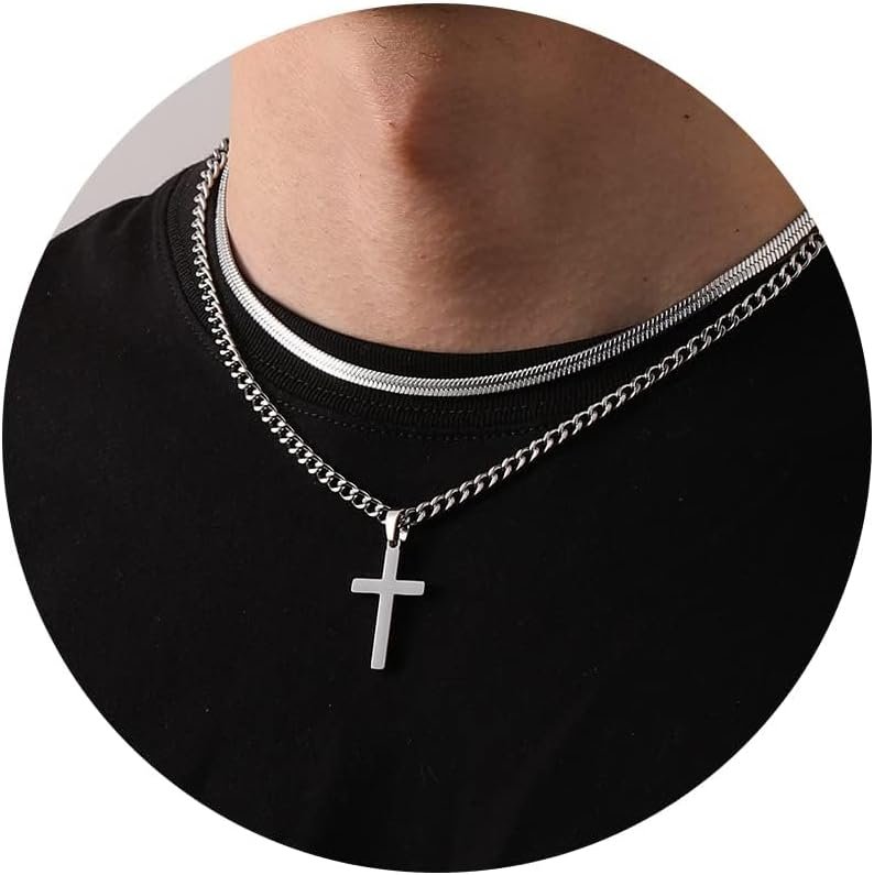 Fehki Men’s necklaces,2PCS Stainless Steel Cross Necklace for Men,Silver/Gold/Black Sturdy Cuban Snake Chain Necklace Jewelry Gifts for Men Teen Fehki Men’s necklaces,2PCS Stainless Steel Cross Necklace for Men,Silver/Gold/Black Sturdy Cuban Snake Chain Necklace Jewelry Gifts for Men Teen