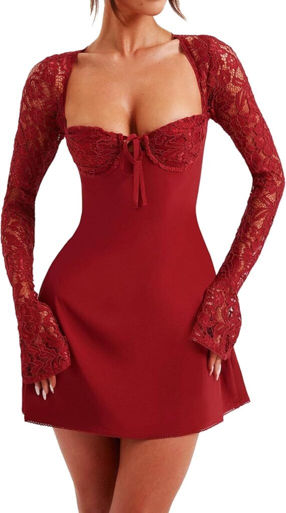 Felcia Women ‘s Summer Mini Dress Long Sleeve Low Cut Mini Dress Lace Backless Tie-up A-line Dress Felcia Women ‘s Summer Mini Dress Long Sleeve Low Cut Mini Dress Lace Backless Tie-up A-line Dress