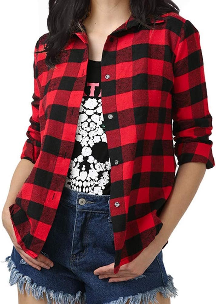 Fesky Womens Plaid Shirt Ladies Flannel Checked Shirts Long Sleeve
