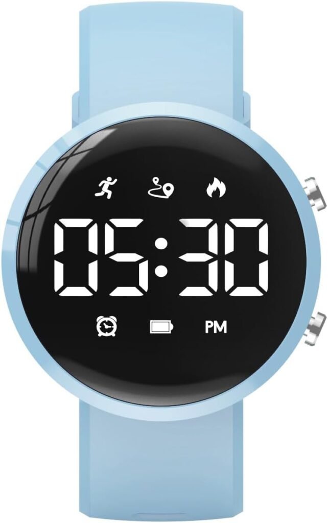 Focwony Kids Fitness Tracker Watch, Digital Steps Counter, Boys Girls Waterproof Wristwatch with Step Counting/Distance/Calories/Stopwatch/Alarm Clock, Great Xmas Gift for Children Teens (Light Blue)