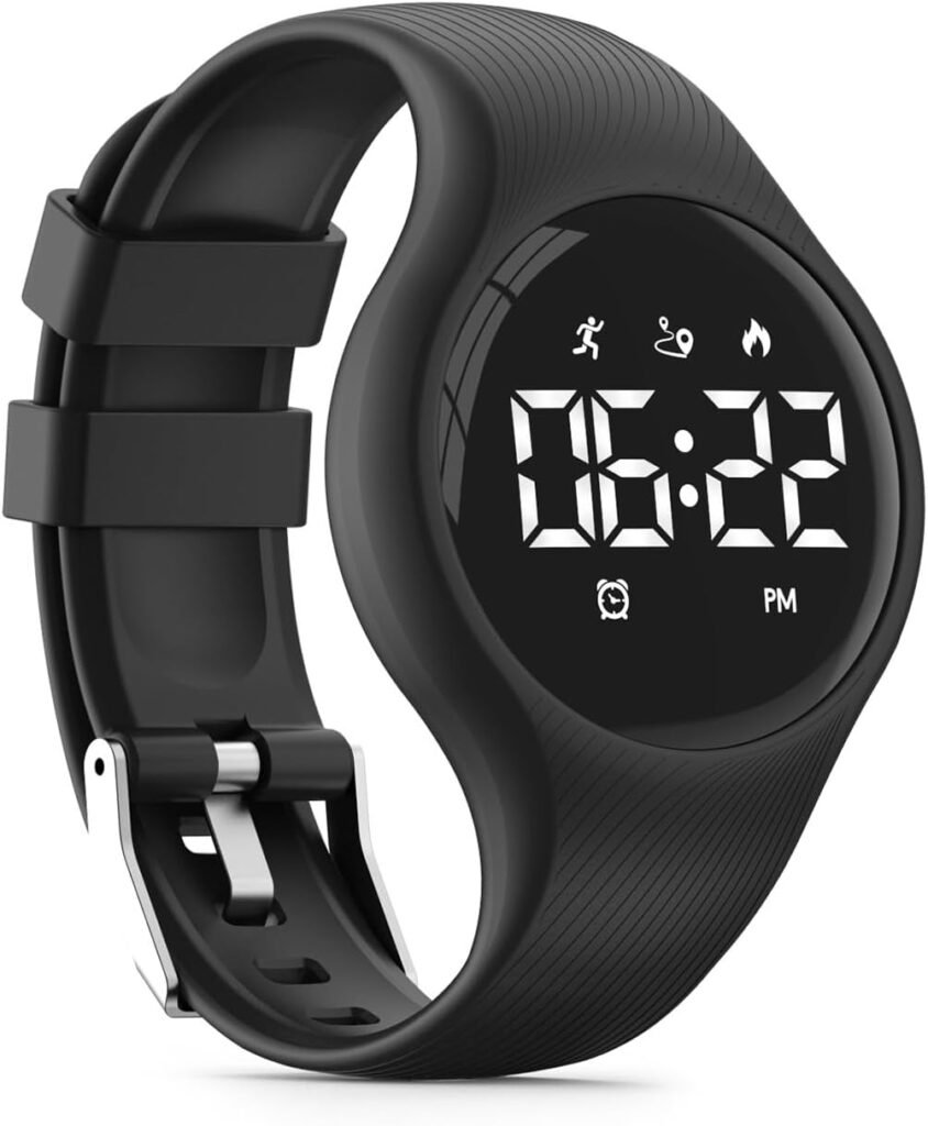 Focwony LED Digital Waterproof Pedometer Watch, Non-bluetooth Fitness Tracker, Step Counter, Distance, Vibrating alarm clock, Stopwatch, Great Gift for for Kids Childrens Teens Girls Boys (Black)