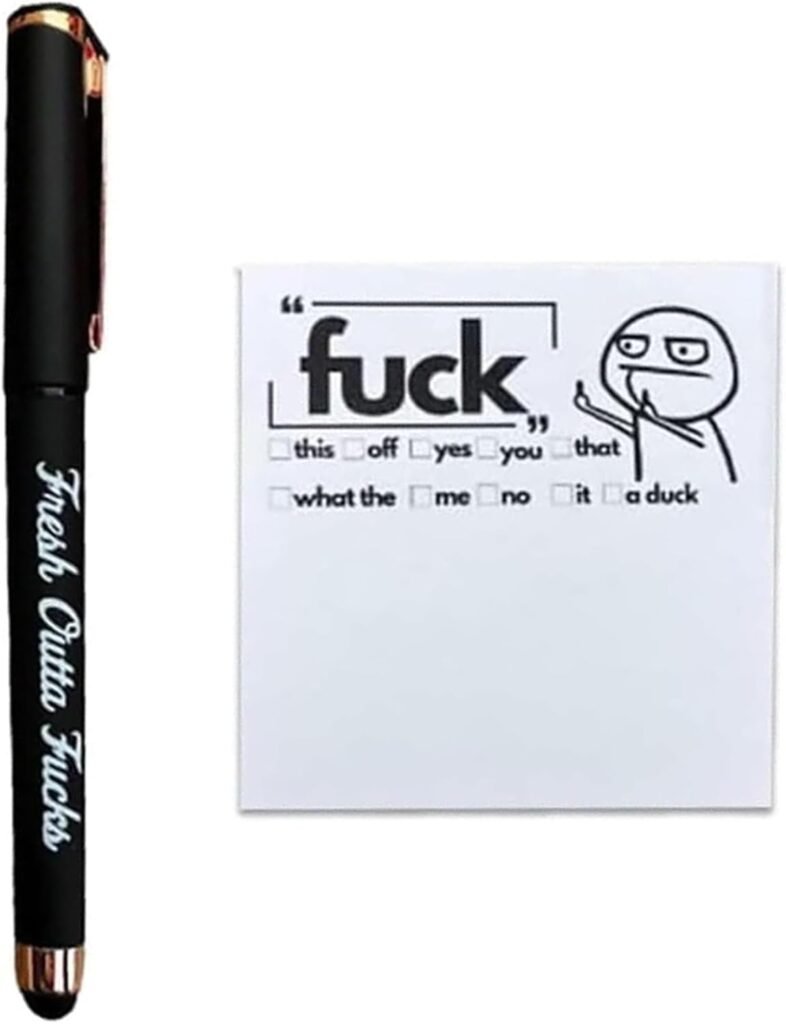 Fresh Outta Fucks Pad and Pen,Funny Sticky Notes Office Supplies,Desk Accessories for Friends Funny Christmas Gifts for Men Women (Black)