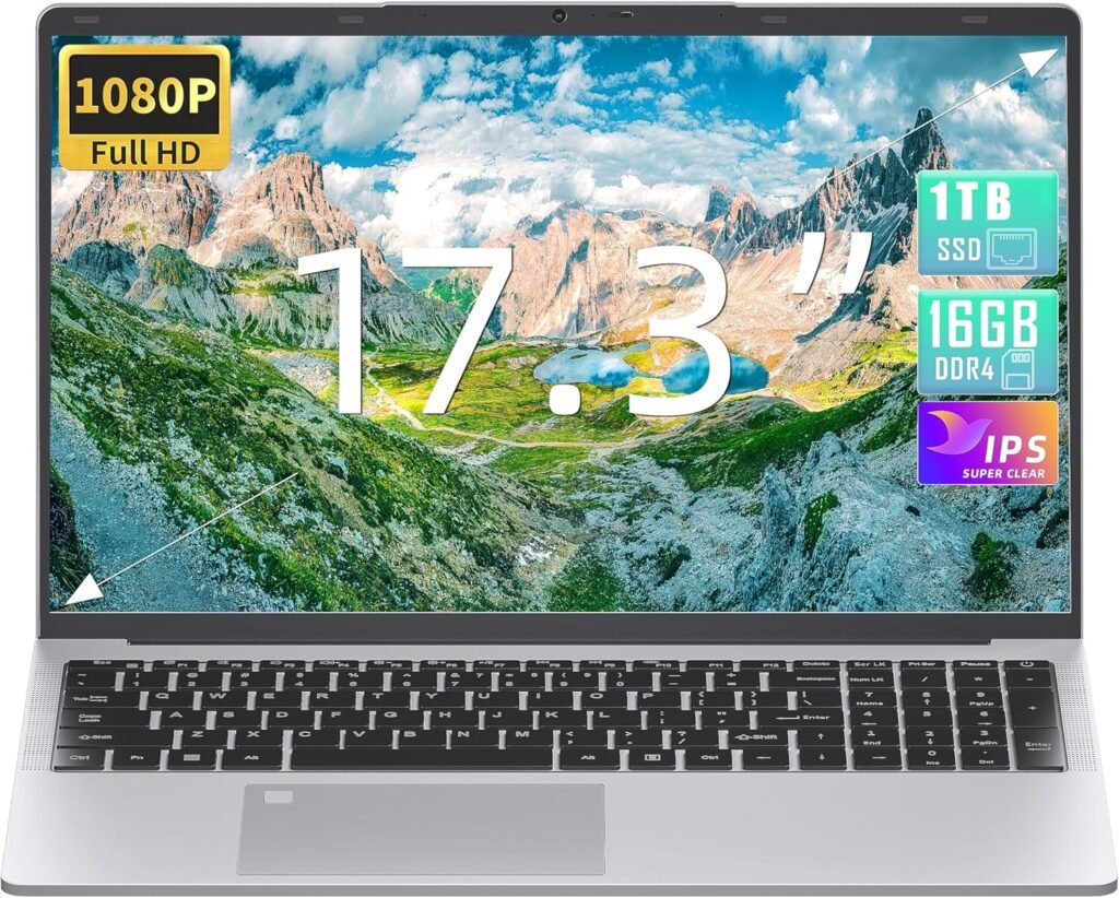 Fsjun 2024 Newest 17.3″ Laptop, 16GB DDR4 RAM 1TB SSD, Quad-Core Celeron N5095(Up to 2.9GHz) CPU, 1080P IPS Display, Win11 Pro, Fingerprint Reader, Backlit KB, HDMI, USB 3.0×3, WiFi, Silver