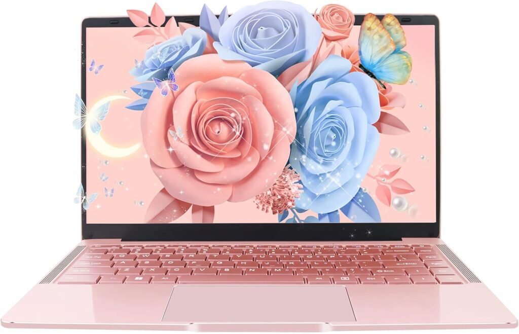Fsjun Ultra Thin and Portable 14″ Rose Gold Laptop, Celeron J4125, 8GB RAM, 128GB SSD, Win11 Pro/Office 2019, FHD IPS Display, 180° Hinge/HDMI/WiFi/BT/USB 3.0, For Travel, Work, Study (128GB SSD)