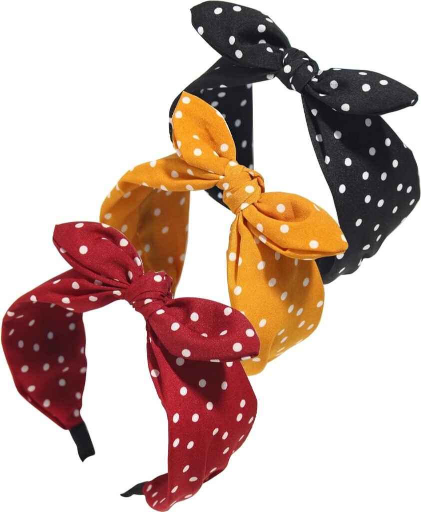 Furling Pompoms Polka Dot Headband for Women Bow Knot Fabric Headbands Knotted Hair Bands Twisted Headwrap Bunny Ear Wide Hair Hoops Hair Accessories Pack of 3pcs