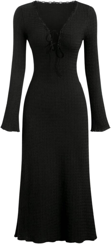 GORGLITTER Women’s Deep V Neck Tie Front Bell Sleeve Maxi Dresses Elegant Ruffle Long Dress GORGLITTER Women’s Deep V Neck Tie Front Bell Sleeve Maxi Dresses Elegant Ruffle Long Dress
