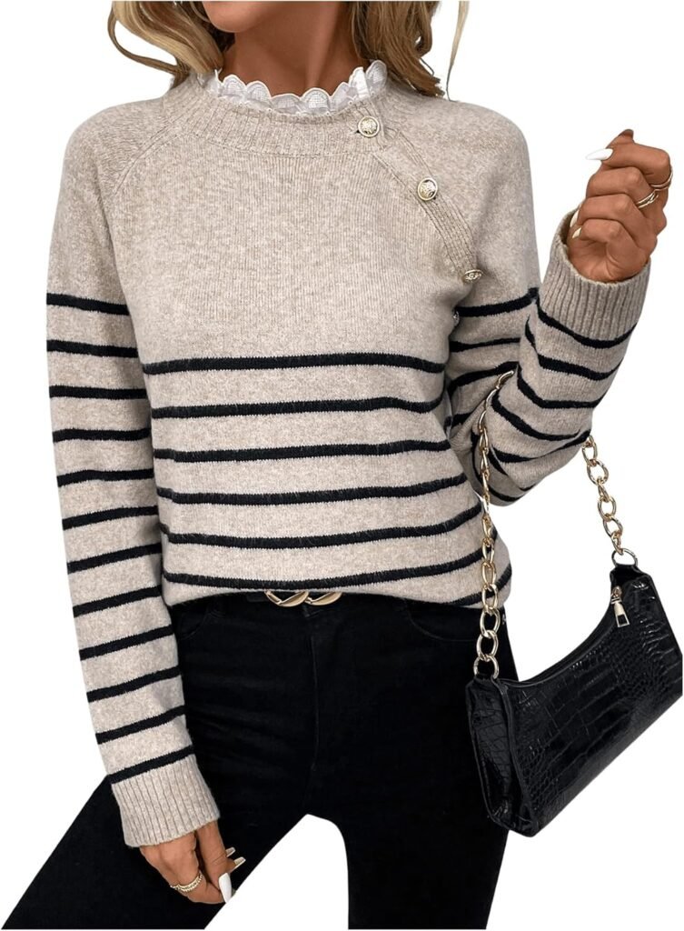 GORGLITTER Women’s Striped Button Decor Jumper Mock Neck Long Sleeve Elegant Pullover Sweaters Top GORGLITTER Women’s Striped Button Decor Jumper Mock Neck Long Sleeve Elegant Pullover Sweaters Top