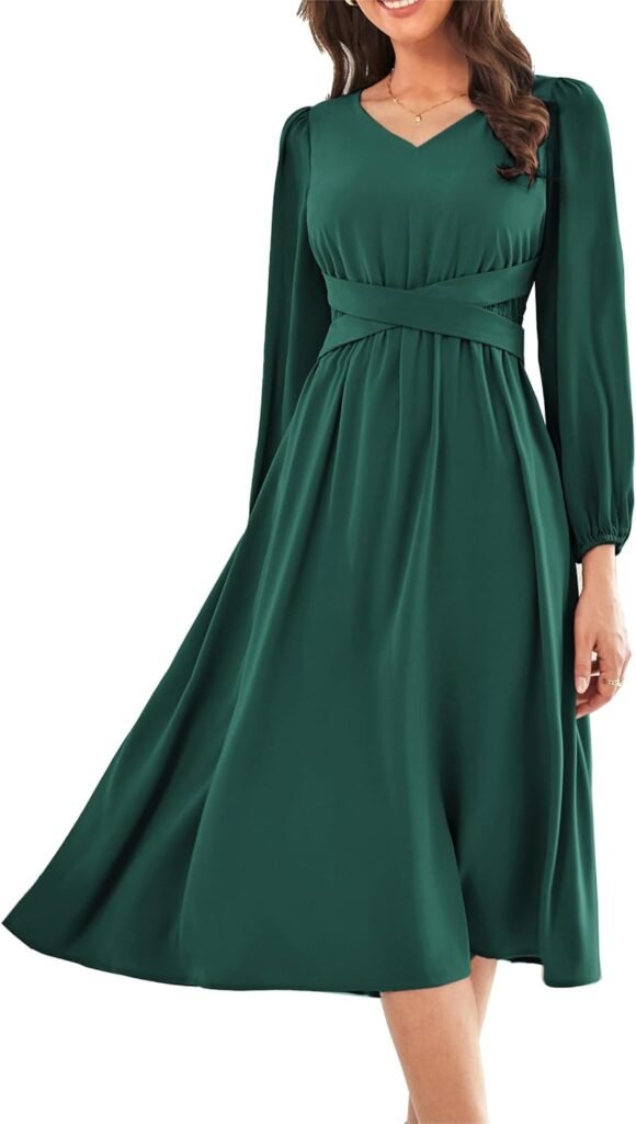 GRACE KARIN 2024 Women’s V Neck Dress Casual Long Sleeve A Line Flowy Dresses Party Wedding Guest Dress