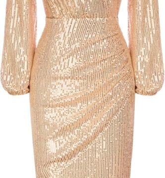 GRACE KARIN Sequined Bodycon Dress for Women UK V-Neck Long Sleeve Irregular Hem Party Cocktail Midi Dress