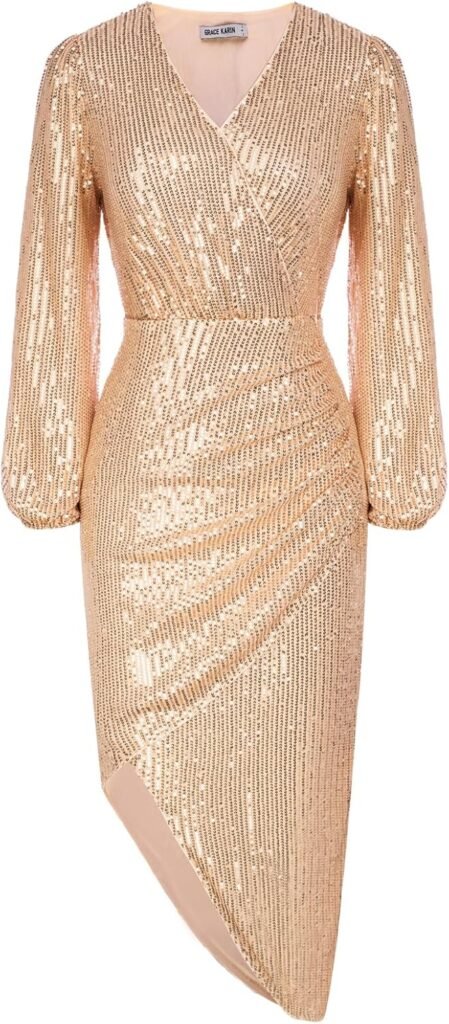 GRACE KARIN Sequined Bodycon Dress for Women UK V-Neck Long Sleeve Irregular Hem Party Cocktail Midi Dress