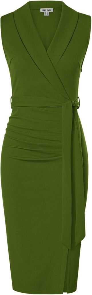 GRACE KARIN Women’s Bodycon Dress Sleeveless Shawl V-Neck Wrap Midi Business Work Dresses with Belt for Cocktail Formal Party Office