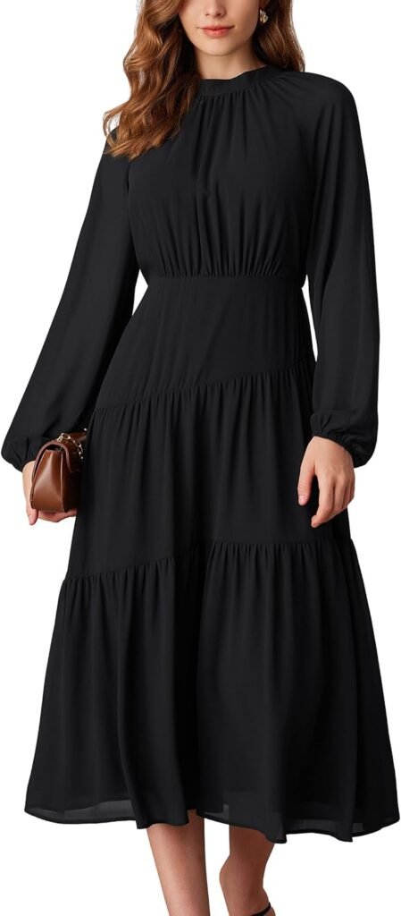 GRACE KARIN Women’s Long Sleeve Casual Dress Round Neck A-line Dress Pleated Dress Autumn Winter Midi Dress