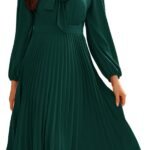 GRACE KARIN Women’s Pleated midi Dress with Bow Tie V-Neck Long Sleeve Swing A-Line Dress for Work Office Business