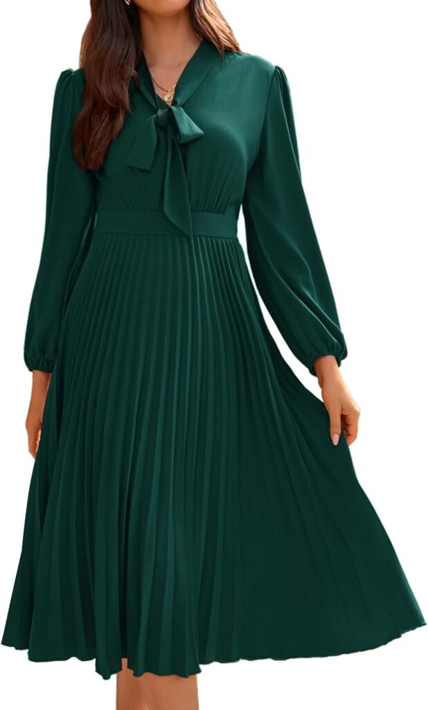 GRACE KARIN Women’s Pleated midi Dress with Bow Tie V-Neck Long Sleeve Swing A-Line Dress for Work Office Business