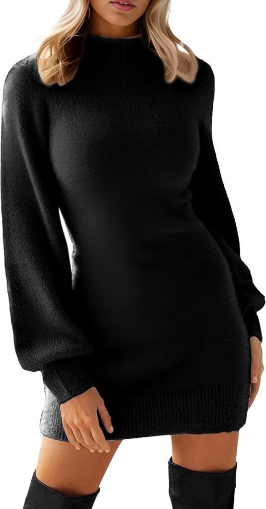 GRECERELLE Womens Jumper Dress Winter Mock Neck Long Sleeve Bodycon Knit Pullover Jumpers Ladies Mini Sweater Dresses