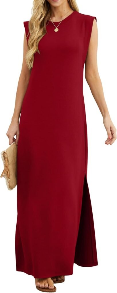 GRECERELLE Womens Summer Maxi Dress Casual Shirt Dresses Elegant Styles Basic Sleeveless Maxi Dresses for Women UK with Split and Pockets